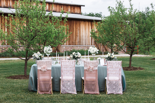 A teal table with pink lace chairs is in the foreground of the building on the Lawn for this wedding.